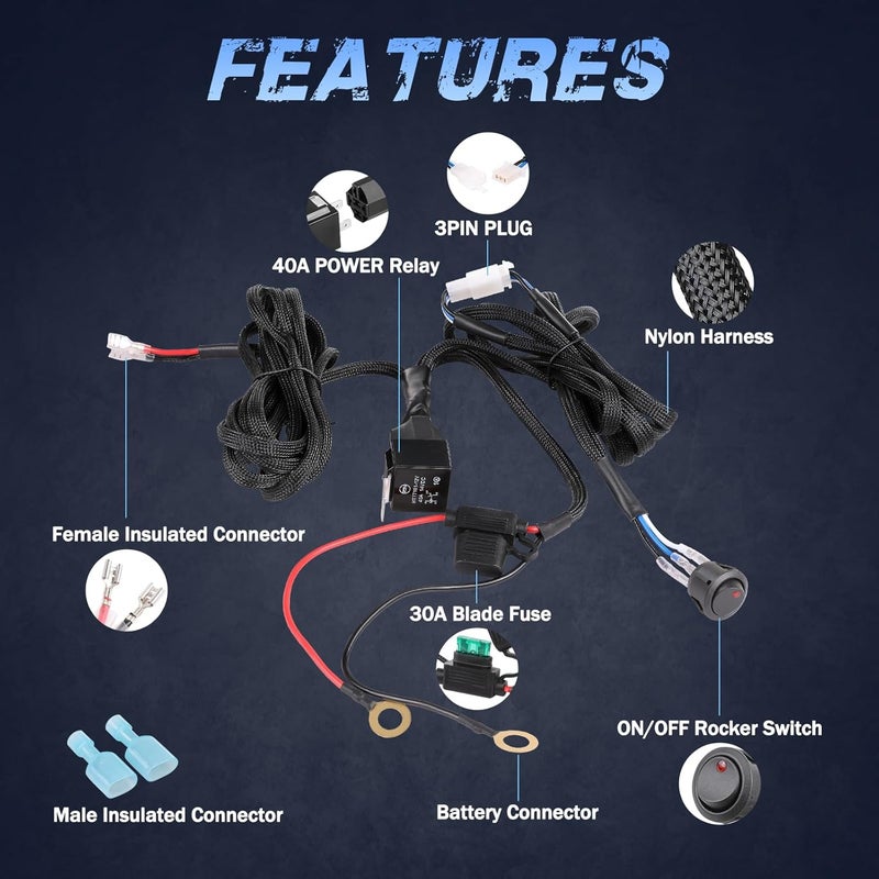 Fastchoy Auto مجموعة أسلاك توصيل 1 رصاص، مجموعة أسلاك شريط LED نايلون 12 فولت مع مفتاح صخري و fuse 40A للأضواء، أضواء الضباب، أضواء الطرق الوعرة، مجموعة أسلاك للشاحنات، UTV، القوارب - Image 3
